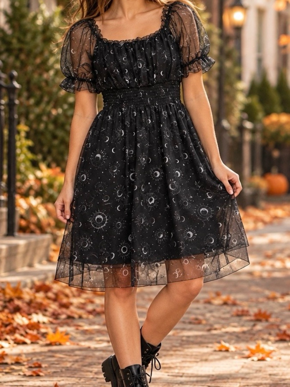ROMWE Black Moon Phase Mesh Puff Sleeve Dress Size L